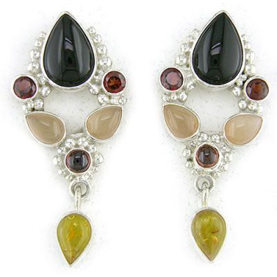 Onyx, Amber, Garnet, and Pink Moonstone Clip-on Earringsv