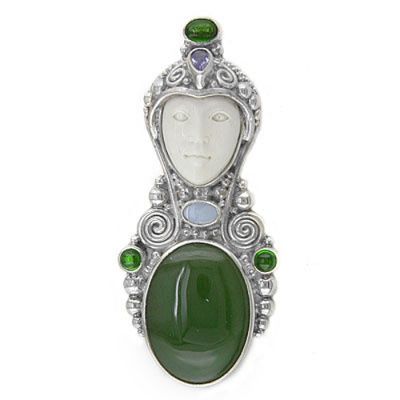 Goddess Pin-Pendant with Jade, Chrome Diopside and Tanzanite