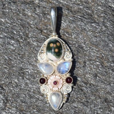 ONE-OF-A-KIND Ocean Jasper, Pink Mother of Pearl Flower and Rainbow Moonstone Pendant with Garnet