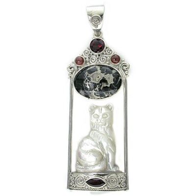 Mother of Pearl Cat Pendant with Garnet and Russian Agate