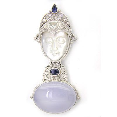 Mother of Pearl Goddess Pin-Pendant with Blue Chalcedony and Iolite