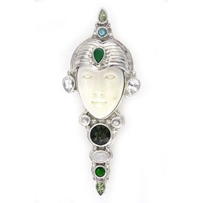 Goddess Pin-Pendant with Emerald, Moldavite, Peridot, Rainbow Moonstone, Chrome Diopside & Topaz