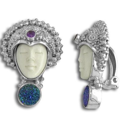 Goddess Clip On Earrings with Caribbean Druzy and Amethyst 