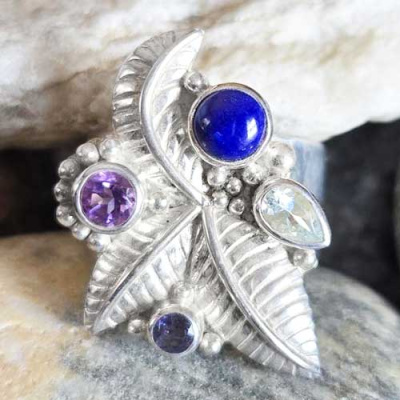 Sterling Silver Lapis, Amethyst, Iolite, and Aquamarine Ring with Silver Leaves Size 7