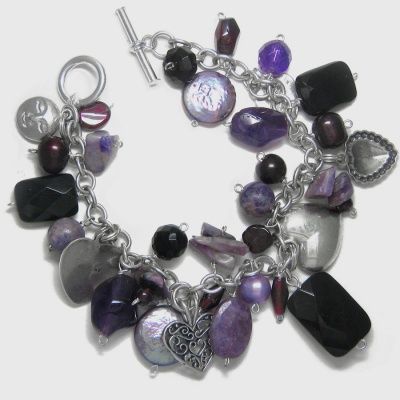 Amethyst, Garnet and Pearl Charm Bracelet with Sterling Silver Hearts