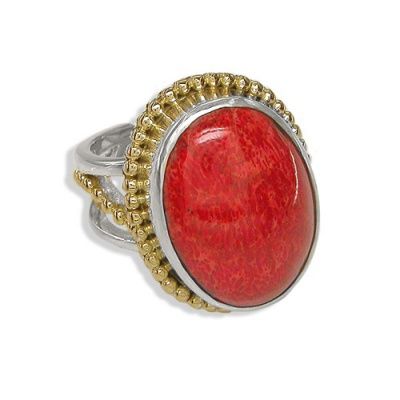 Sterling Red Coral Ring with Vermeil Beadwork