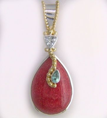 Sterling Red Coral, Aquamarine & Apatite Pendant with Vermeil Beadwork