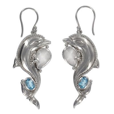 Sterling Dolphin Earrings with Rainbow Moonstone and London Blue Topaz