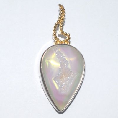 Sterling Silver Opalized Window Druzy Pendant with Vermeil Bead Work