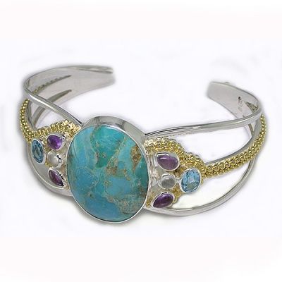 Turquoise, Amethyst, Blue Topaz and Moonstone Cuff Bracelet with Vermeil