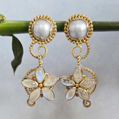 Mabe Pearl and Rainbow Moonstone Post Earrings with Vermeil Beadwork