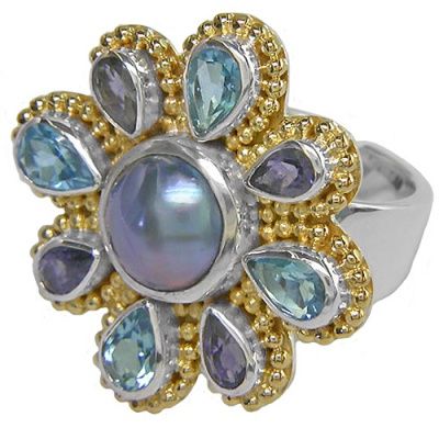 Blue Mabe Pearl, Iolite & Swiss Blue Topaz Vermeil Ring 