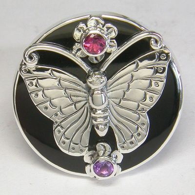 Silver Butterfly and Black Shell Ring with Amethyst and Pink Tourmaline
