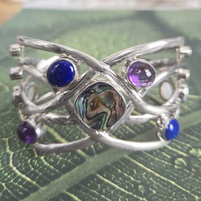 Paua Shell Cuff Bracelet with Lapis, Amethyst, Rainbow Moonstone, Peridot, and Blue Topaz