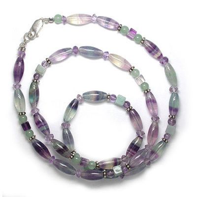 Fluorite, Amethyst and Aventurine Beaded Necklace 18" + 2" Ext