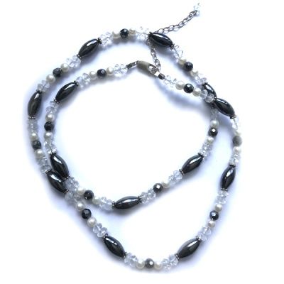 Hematite, Pearl, and Crystal Beaded Necklace 22" + 2" Ext