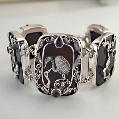 Silver Heron and Black Shell Bracelet with Pink Tourmaline, Amethyst and Iolite