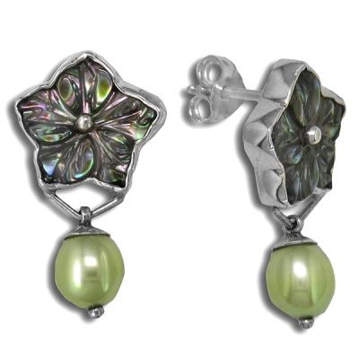Abalone Flower and Green Pearl Post Earrings