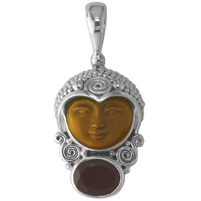 Tiger Eye Carved Goddess Pendant with Garnet 