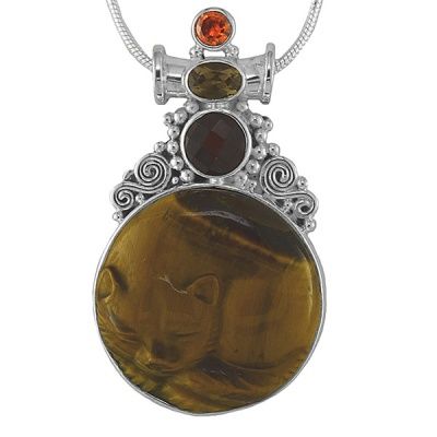 Tiger Eye Sleeping Cat Pendant with 18" Chain