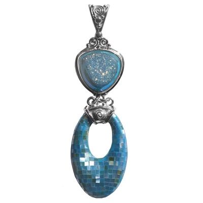 Aqua Window Druzy Pendant with Mosaic Shell 