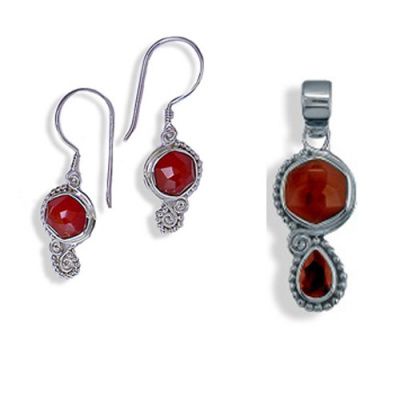 Faceted Carnelian Earring and Carnelian and Garnet Pendant Set