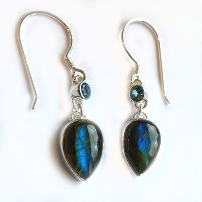 Labradorite Pear Dangle Earrings with Blue Topaz