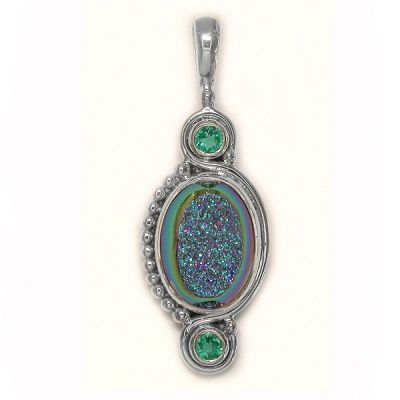 Rainbow Window Druzy and Celestial Green Blue Quartz Pendant