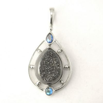 Sterling Silver Platinum Druzy & Rainbow Iris Quartz Pendant