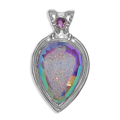 Faceted Golden Dream Lavender Window Druzy Pendant with Rainbow Lavender Quartz