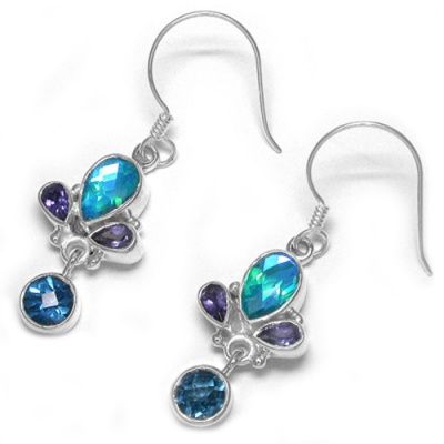 Rainbow Teal Quartz Earrings with London Blue Topaz and Iolite