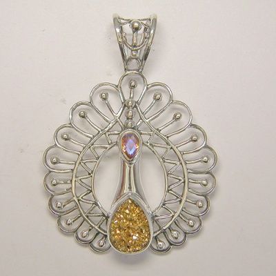 Sterling Silver Peacock Pendant with Gold Druzy & Rainbow Champagne Quartz