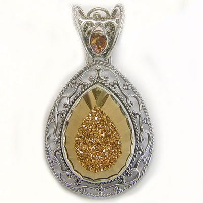 Gold Window Druzy Pendant with Rainbow Champagne Quartz