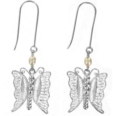 Sterling Silver Filigree Butterfly Earrings with Peach Pearls