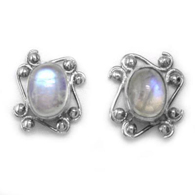 Rainbow Moonstone Oval Post Earrings with Ornate Silver Frame