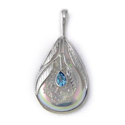 Opalized Window Druzy Pendant with Sterling Silver Leaves and Blue Topaz