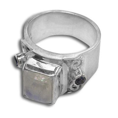 Rainbow Moonstone and Iolite Ring