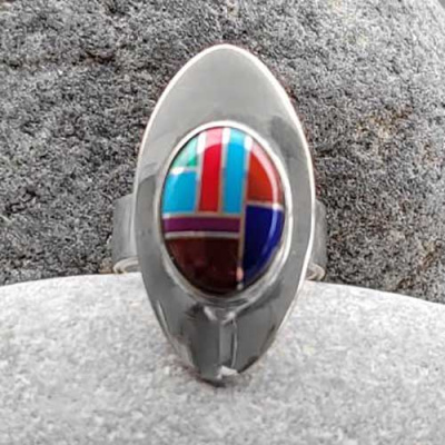 Sterling Silver One of a Kind Inlaid Lapis Multi Gemstone Ring Size 6