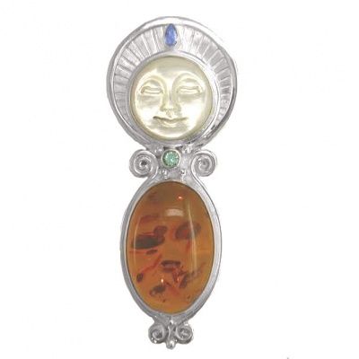 Mother of Pearl Goddess Pin-Pendant with Amber, Apatite and Tanzanite