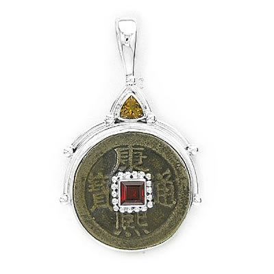 Chinese Coin, Garnet, & Citrine Pendant