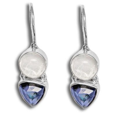 Titanium Backed Blue Quartz Crystal & Rainbow Moonstone Latchback Earrings