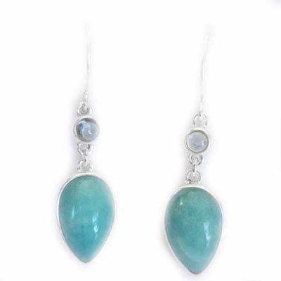 Amazonite Pear Dangle Earrings with Sky Blue Topaz