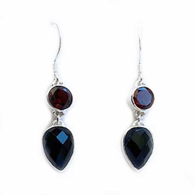 Faceted Onyx Pear Dangle Earrings with Garnet