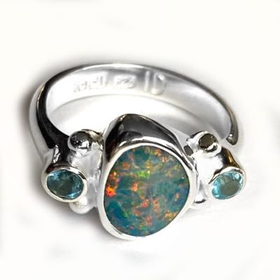 Free-Form Boulder Opal Ring with Blue Topaz