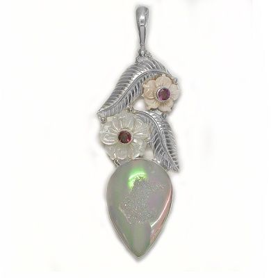Opalized Window Druzy, Pink and White Mother of Pearl Flower and Rhodolite Pendant