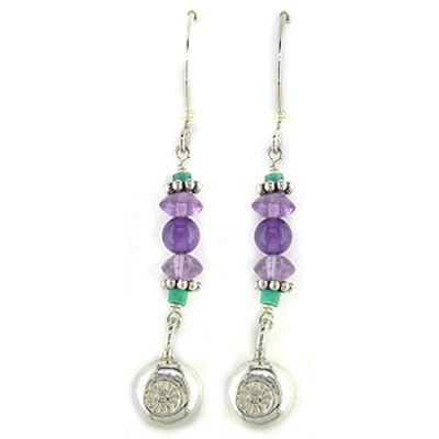 Turquoise and Amethyst Bead Earrings with Sterling Silvler Charm