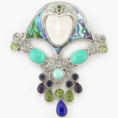 Multigemstone Goddess Pin-Pendant with Turquoise and Paua Shell