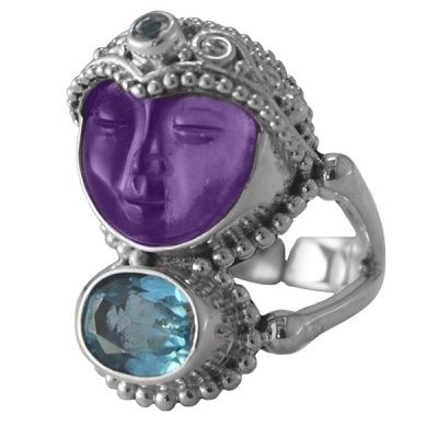 Amethyst Goddess Ring with Blue Topaz and Aquamarine