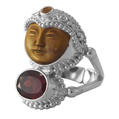 Tiger Eye Carved Goddess Ring with Garnet and Citrine