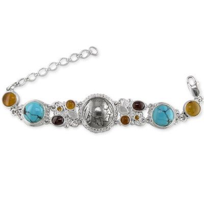 Indian Head Nickle Bracelet with Amber, Turquoise, Garnet Citrine & Moonstone